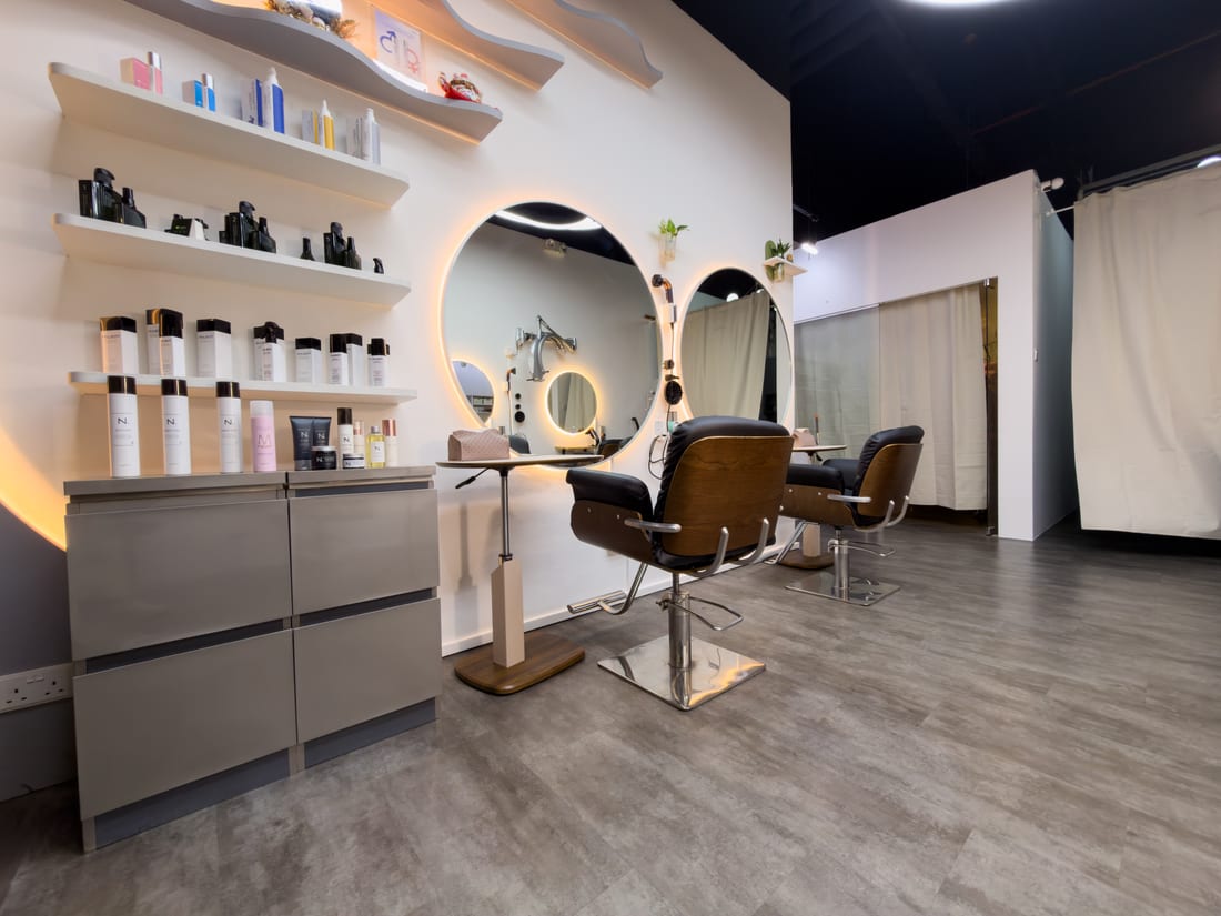 Styling area and product shelves at Root & Reverie